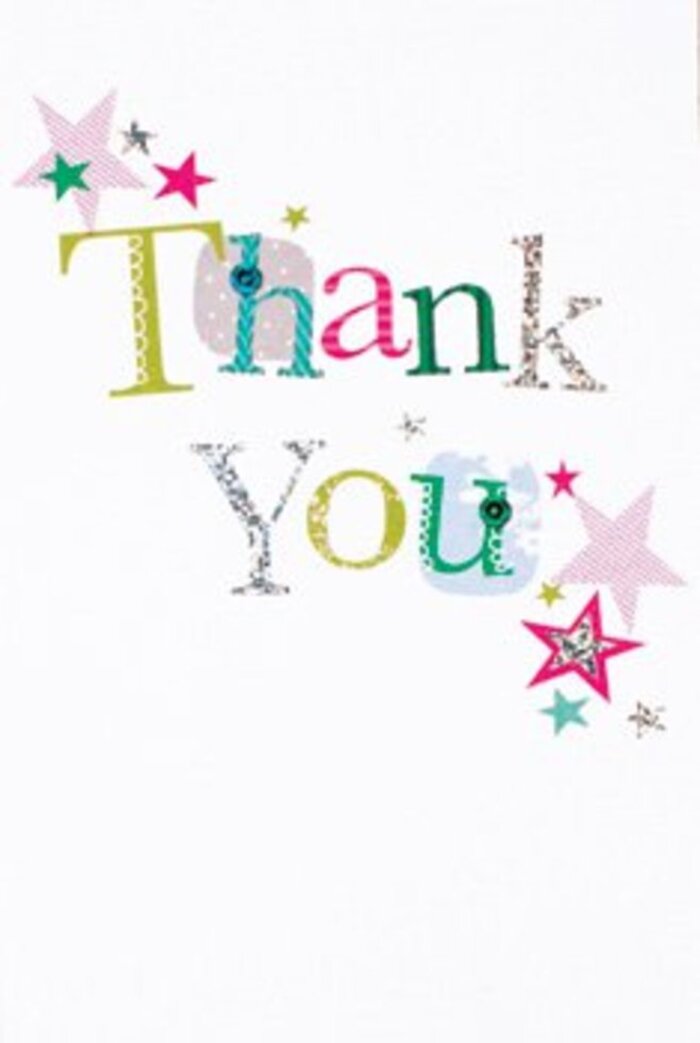 The arrangement of letters on this thank you card is graceful yet full of quiet exuberance, resonating with the gentle optimism found throughout Stratford. Each letter carries its own whimsy-some cheerful with spots and playful curves, others refined with slender flourishes, echoing the artistry seen in the area's galleries and riverside walks. Brilliant stars, adorned with raspberry pink stripes or shimmering turquoise and silver, gather near the message as though shedding their own light on these words of thanks. The airy, modern composition feels as fresh as a morning stroll along the canals beside the Queen Elizabeth Olympic Park. With its clean white canvas and a dusting of stardust, the design finds a perfect balance between joyous celebration and gentle sophistication. Whether shared in a local coffee shop or presented with a Stratford Florist bouquet, this card offers gratitude that is as memorable and uplifting as the blossoming community spirit found in every corner of E15.